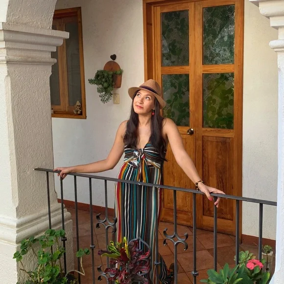 Striped Multi-Color Maxi Dress with Front Knot Detail - Picture 2 of 6